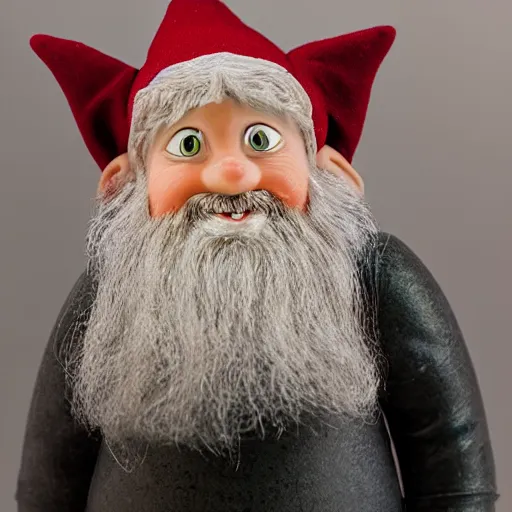 Prompt: gnome looking at a camera and looking very surprised, ultrarealistic