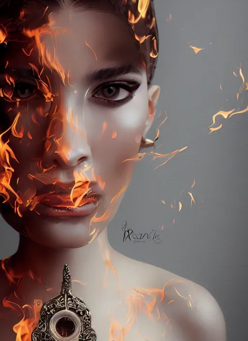 Prompt: 3d fashion portrait with fire, female, future, torch, flame, harper's bazaar, vogue, fashion magazine, intricate, concept art, close up, ornate, luxury, elite, elegant, trending on artstation, by ruan jia, by Kenneth Willardt, by ross tran, by WLOP, by Andrei Riabovitchev,