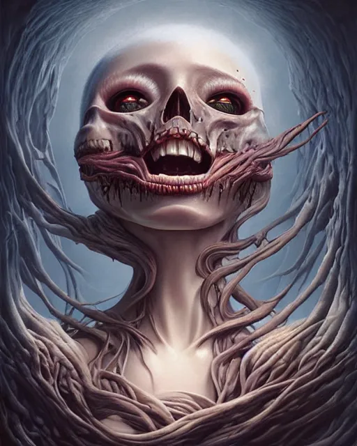 Image similar to death is swallowed up in victory, very detailed and beautiful womans face, screaming with fear, artwork by artgerm, centered shot, wide angle, full body, elfpunk, artwork by naoto hattori, landscape art by john howe