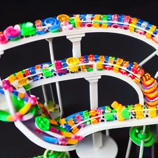 Prompt: a miniature rollercoaster made entirely of various candy and candies