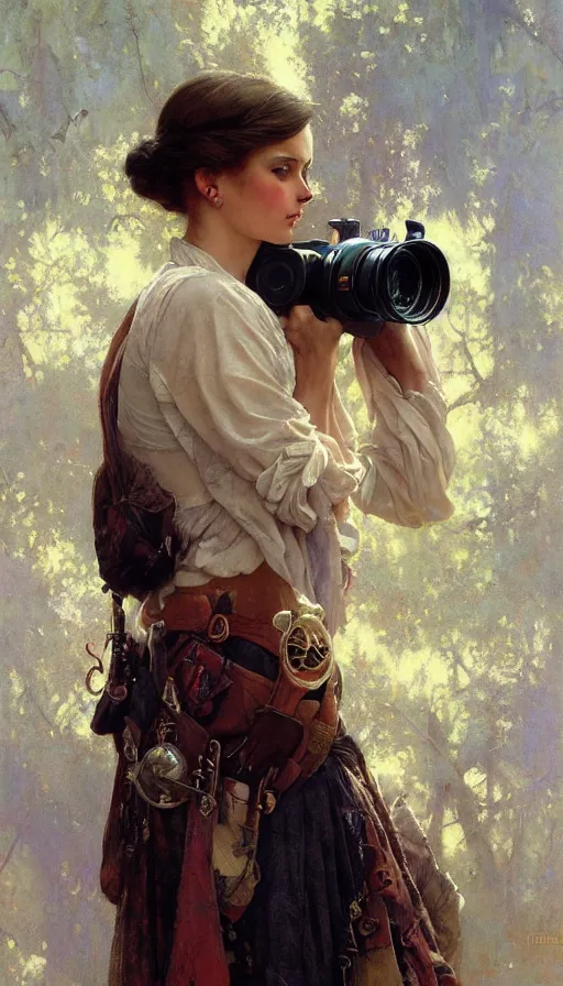 Image similar to hyper realistic photographer looking through camera, magical, painted by james gurney, norman rockwell, tom bagshaw, mucha, gaston bussiere, craig mullins, j. c. leyendecker 8 k