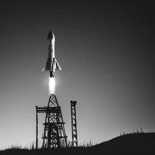 Image similar to black and white photo of a detailed rocket blasting off from mars, black background with glowing stars and satalites, cinematic film still, high contrast, astrophotography, polaroid,