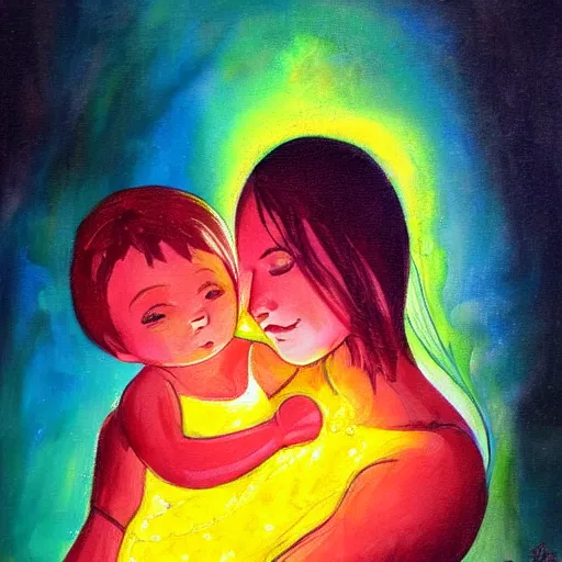 Prompt: beautiful woman cradling her child made of colorful fire by stanley lau, elegant, colorful, loving