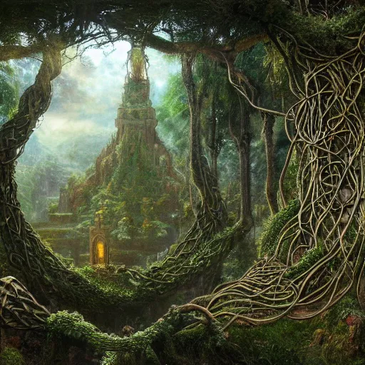 Prompt: a beautiful and highly detailed matte painting of an elven temple in a magical fantasy garden in a lush forest in the mystical mountains, celtic knots, tangled roots, knotted vines, intricate details, epic scale, insanely complex, 8 k, sharp focus, hyperrealism, very realistic, by caspar friedrich, albert bierstadt, james gurney, brian froud,