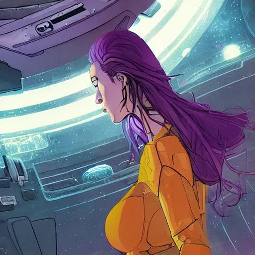 Image similar to beautiful woman with sci - fi power armor and purple hair on an abandoned spaceship, long shot, rule of thirds, golden ratio, graphic novel by fiona staples and dustin nguyen, by beaststars and orange, peter elson, alan bean, studio ghibli, makoto shinkai