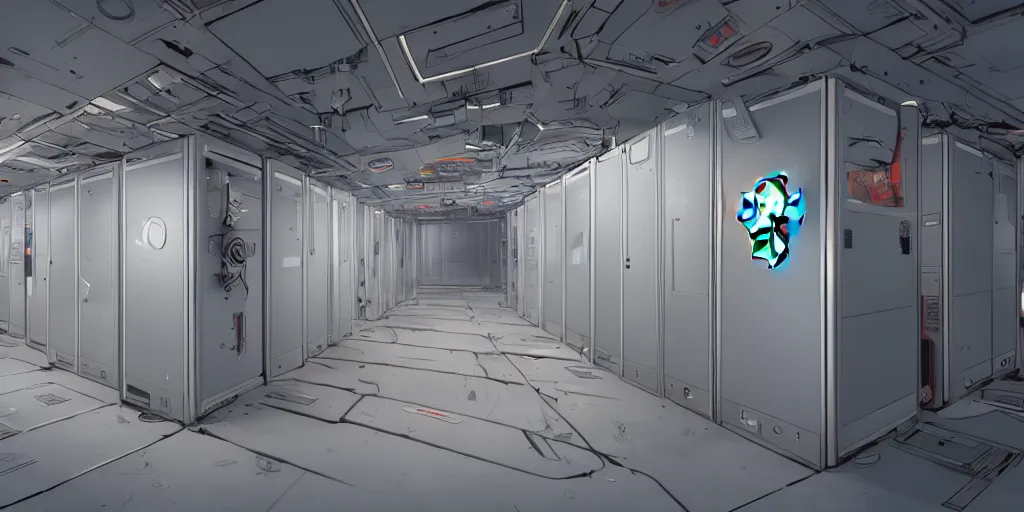 Image similar to parallax datacenter server room white rusty android robocowboy in artstation