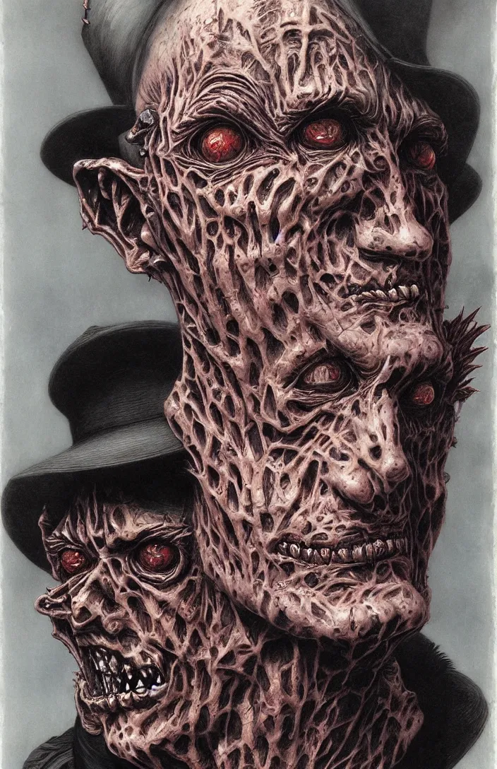 Image similar to freddy krueger in the style of wayne barlowe, gustav moreau, goward, bussiere, roberto ferri, santiago caruso, luis ricardo falero, dali