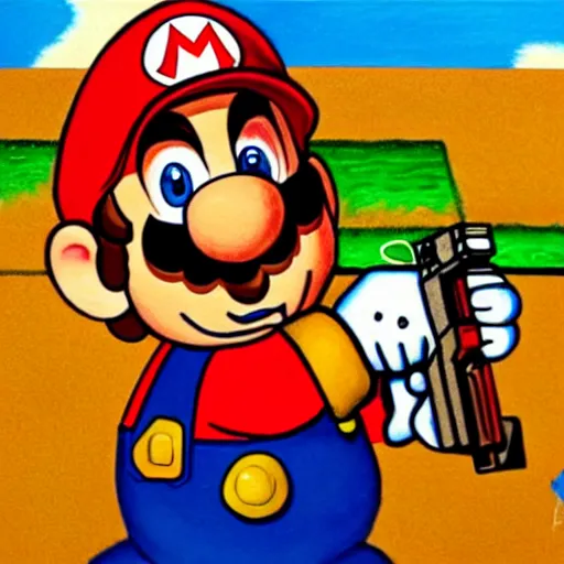 Image similar to A detailed, dramatic painting of super mario shooting a goomba with a machine gun