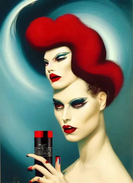 Image similar to an 8 0 s portrait of a woman with dark eye - shadow and red lips with dark slicked back hair dreaming acid - fueled hallucinations by serge lutens, rolf armstrong, delphin enjolras, peter elson