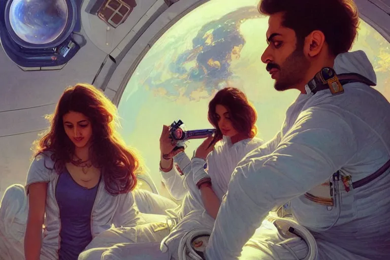 Image similar to Sensual good looking pale young Indian doctors wearing jeans in a space station above Earth, portrait, elegant, intricate, digital painting, artstation, concept art, smooth, sharp focus, illustration, art by artgerm and greg rutkowski and alphonse mucha