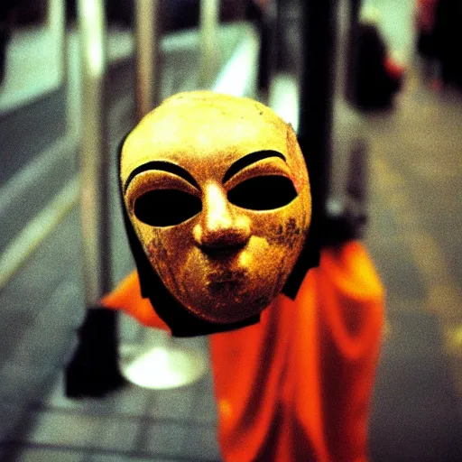 Image similar to fujifilm superia photo of puppet with scary venetian mask, in the empty london underground, dirty, grainy, liminal