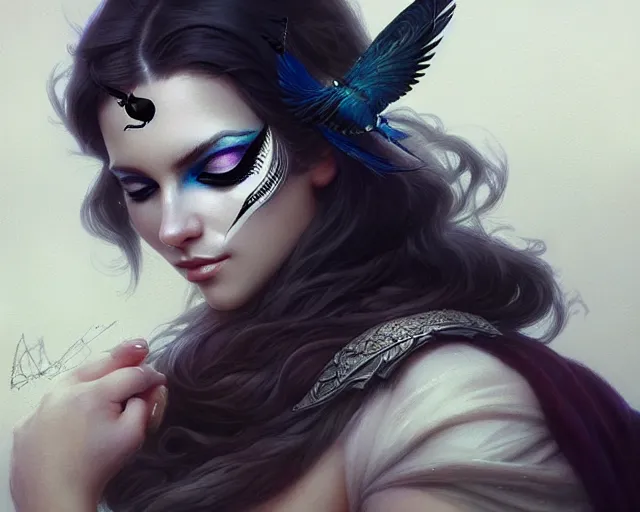 Prompt: eye makeup inspired by a magpie, deep focus, d & d, fantasy, intricate, elegant, highly detailed, digital painting, artstation, concept art, matte, sharp focus, illustration, hearthstone, art by artgerm and greg rutkowski and alphonse mucha