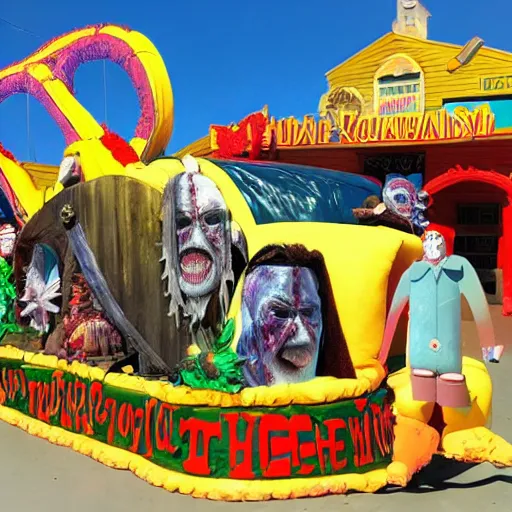 Image similar to parade float for leatherface, bright colors, realistic photography, high detailed