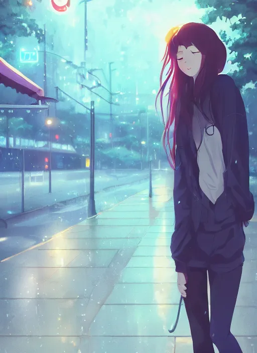 Image similar to listening to music at 2 am, pretty face, perfect body, pose, rain, lofi, lo - fi, peaceful, street light, anime key visual, poster, anime, by wlop, high quality, 4 k, trending, trending on artstation