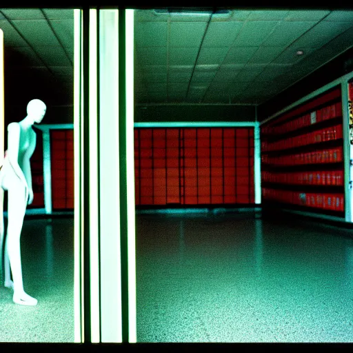 Image similar to cinestill 5 0 d photograph of the inside of an empty convenience store, liminal space, lonely, mannequins, black mold, 3 5 mm, raw, unedited, 8 k, hd, the fifth element