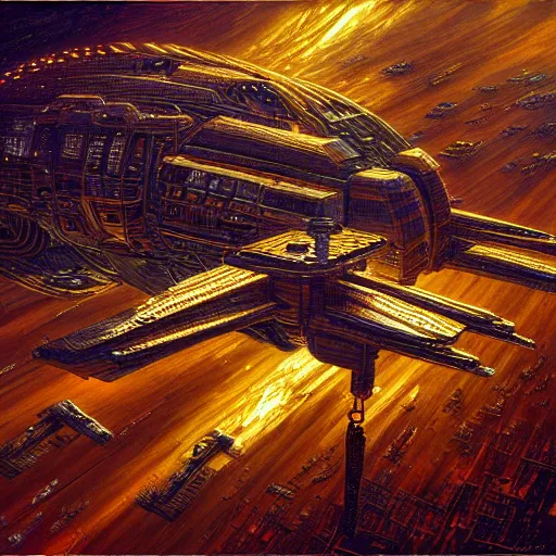 Prompt: cyberpunk starship hovering, atmospheric lighting, painted, intricate, golden hour, ultra detailed by peter gric, giger, enki bilal