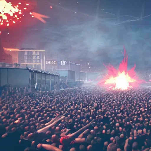 Image similar to the biggest mosh pit in the world, punks throwing Molotovs in the air, fighting, flame and fire, glowing upside cross, cinematic, epic, volumetric, godrays, dynamic lighting, dust flying up into the air, people shooting into the air with guns, octane render, photorealistic, unreal engine, artstation, artstation trending, artstation hq, artstation hd, Pinterest, 8k, ultra detailed, ultra realistic,