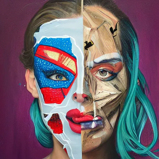 Prompt: a painting of a woman's face with torn-up superhero comics on her face, a surrealist painting, behance contest winner, pop surrealism, surrealist, detailed painting, poster art