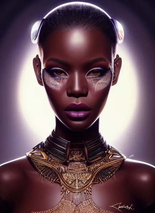 Image similar to portrait of zulu model, intricate, technology, sharp focus, octane render, realistic, detailed, beautiful, unreal engine, symmetrical!!, maybelline, sephora, loreal, artstation, art by artgerm, rossdraws, art by karol bak, makeup by pat mcgrath, cinematic, concept art, filmic, vsco