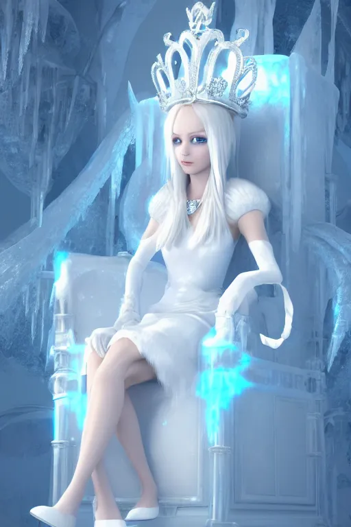 Prompt: Ice Princess, white long hair, sky blue eyes, short white silk dress, white long gloves, feet showing, legs crossed, arms crossed, crown made of ice, sitting on throne, frost, fantasy, elegant, artstation, hard focus, octane render