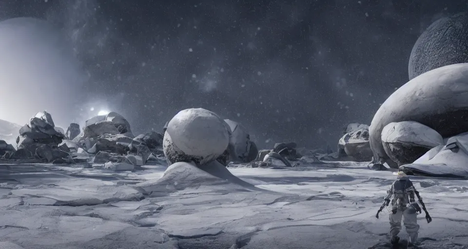 Image similar to outside in a vast, icy planetscape, snow, severe weather, artgerm, yoshitaka amano, 8 k, octane render, unreal engine