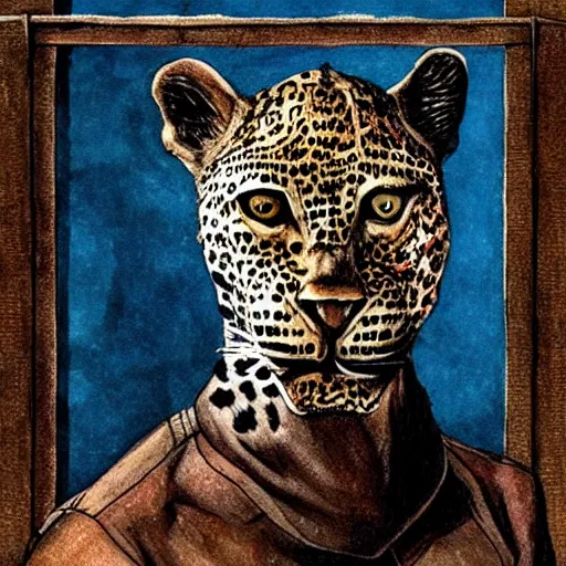 Prompt: the leopard in the style of enki bilal