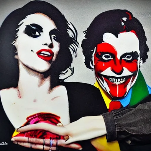 Image similar to mimmo rottela and banksy as joaquin phoenix skinny joker holding hand lady gaga harley queen, photorealistic, intricate details, pop art image.