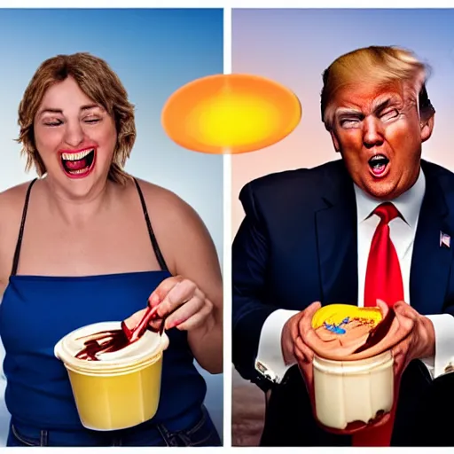 Image similar to donald trump slamming pudding onto citizens, citizens soaked with pudding, golden hour, boardwalk, professional photography