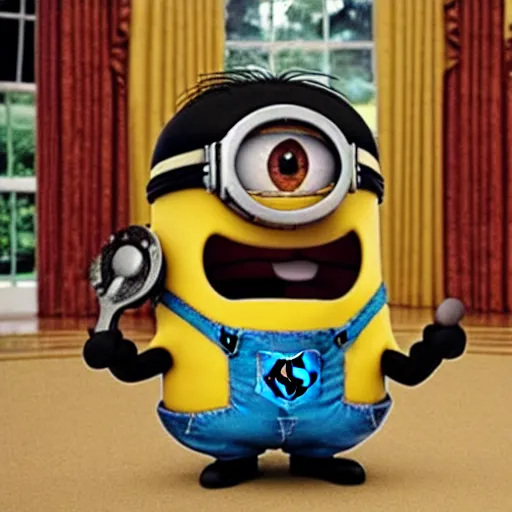 Image similar to super cute minion playing the guitar at the White House, movie still