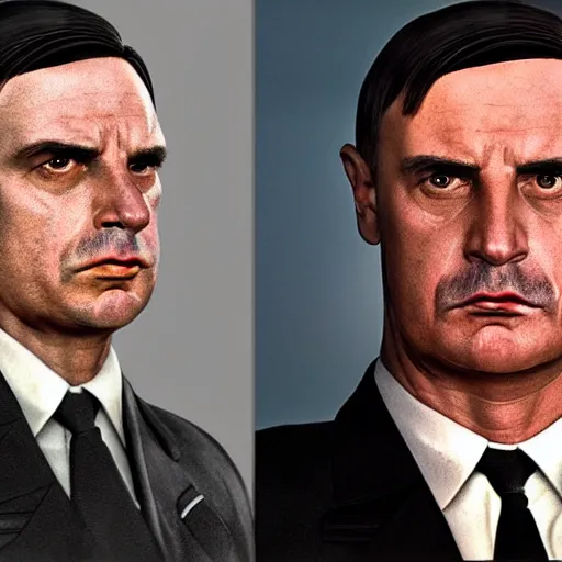 Image similar to hyperrealistic mixed media image of Jair bolsonaro and Adolph Hitler, stunning 3d render inspired art by István Sándorfi and Greg Rutkowski, perfect facial symmetry, realistic, highly detailed attributes and atmosphere, dim volumetric cinematic lighting, 8k octane extremely hyper-detailed render, post-processing, masterpiece,