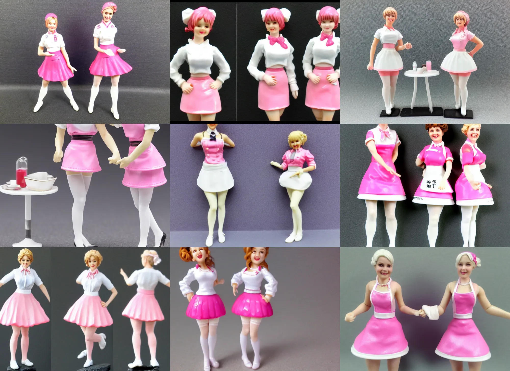 Prompt: 80mm resin detailed miniature of two Waitresses, white blouse, pink tight mini-skirt, white apron, tights skin, smile, on textured base; store website, eBay, Full body;