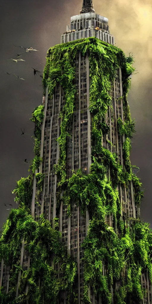 Prompt: an epic view of vines and moss growing on the empire state building, moss, jungle, with pterosaurs flying, close - up, low angle, wide angle, atmospheric, volumetric lighting, cinematic, 8 k hg, ray tracing, octane render, unreal engine, photorealistic, sharp, highly detailed digital art, movie concept art, in the style of tyler edlin