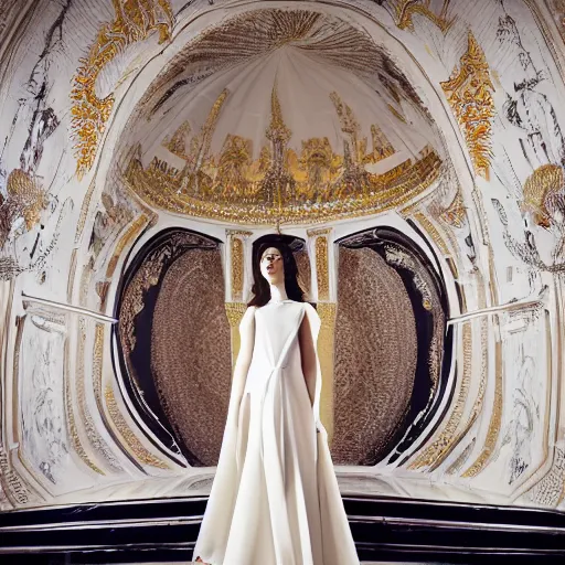 Prompt: a full body portrait of a woman by justin ridler wearing an intricate billowing dress, face in the style of irakli nadar, inside a white marble temple. soft lighting, film photography