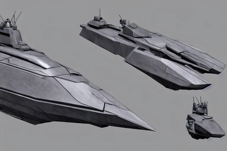 Image similar to concept art of a futuristic military boat, in gunmetal grey, extremely symmetrical, blueprint schematics, top down view, bottom view, side view, mecha inspired, gun turret, robotic, highly detailed, artstation, pinterest, super realistic, hard surface model, autodesk maya, octane render