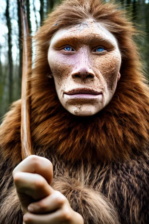 Image similar to a professional portrait photo of a gentle strong neanderthal woman in the forest in winter holding a spear, freckles and mud on face, black stripe painted side to side across her eyes, ginger hair and fur, extremely high fidelity, natural lighting,