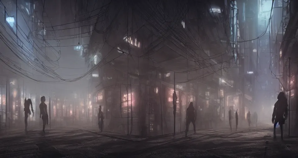 Prompt: illustration of rows of limp homunculus hanging in rows, rolling fog, cyberpunk, dystopian, dramatic lighting, unreal engine 5