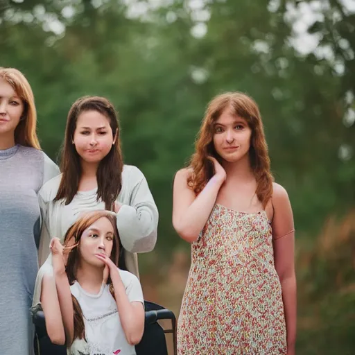 Prompt: , a young girl, a teen, a woman and a grandma post for a photo 5 0 mm lens, f 1. 4, sharp focus, ethereal, emotionally evoking, head in focus, volumetric lighting, blur dreamy outdoor,