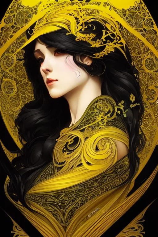 Image similar to beautiful black yellow, dark fantasy, intricate, elegant, highly detailed, digital painting, artstation, concept art, matte, sharp focus, illustration, art by artgerm and alphonse mucha