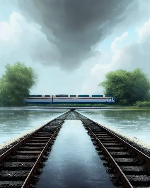 Image similar to submerged train tracks, reflective water, wide horison, girl walking and carrying shoes, train station in the distance, large white clouds, intricate, elegant, highly detailed, digital painting, artstation, concept art, smooth, sharp focus, illustration, art by artgerm and greg rutkowski and fra angelico