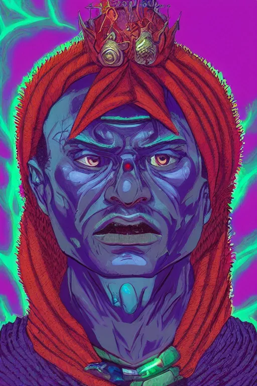 Image similar to portrait of angry jewel djinn wizard in the style of Rob Lefield and Dan Mumford , trending on artstation, digital art,surrealism ,macro,blueprint ,vaporwave ,