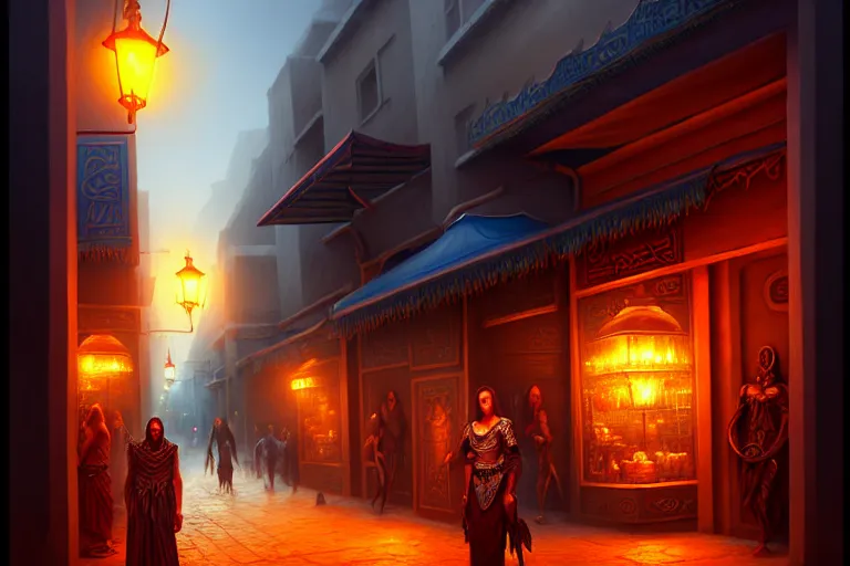 Prompt: a bazaar street in the city of tyr from athas, amazing dark sun digital painting, by gerald brom, brom digital art, intricate details, ultra realistic, beautiful art by brom, volumetric lighting, by brom, trending cgsociety, highly detailed, rim light, art, cinematic lighting, artstation, rim lighting, 8 k