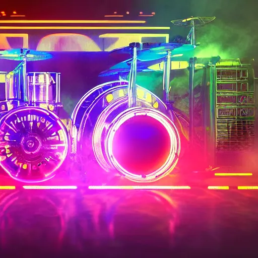 Image similar to album cover, album is called tripmachine, tripmachine, photo of a huge dieselpunk machine with guitars and drums and pianos, connected with glowing tubes 8 k, fluorescent colors, halluzinogenic, multicolored, exaggerated detailed, front shot, 3 d render, octane