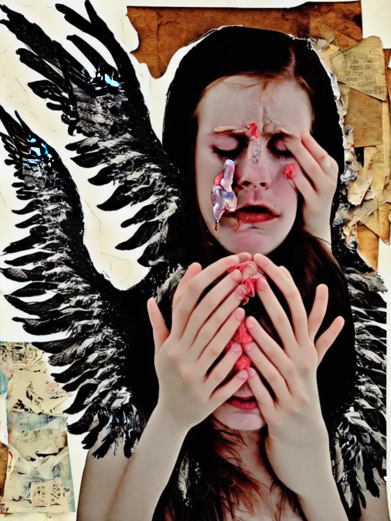 Image similar to a young adult angelgirl soft crying with lots of hands on her face and ratty feathered angel wings, stressed and burnt out, collage effect, collaged, torn paper, overexposure, overexposed, high exposure