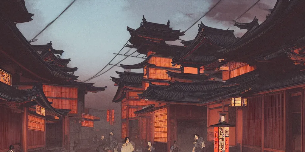 Image similar to feudal japan tokyo street at dusk, on a postcard!!!!, cinematic lighting!!, 4k, trending on artstation, quick illustration, fast sketch!!!, rough, art by albert bierstadt