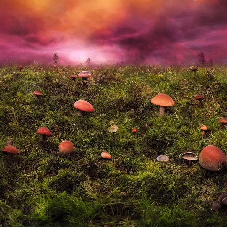 Image similar to a planet of various fungus, mushrooms and plants, inside the picture is infinity, sunset light, Atmospheric phenomenon, artistic photography, muted colors, conceptual, long exposure outside the city, volumetric light