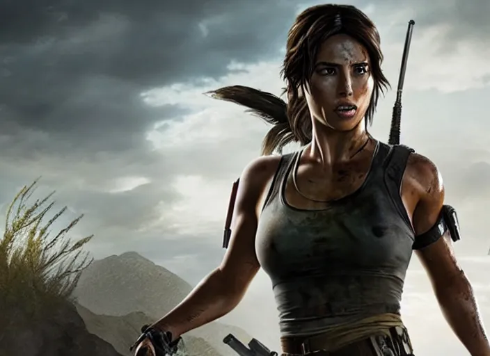 Image similar to film still of!!!! chloe bennett!!! as lara croft in new tomb raider movie, 8 k