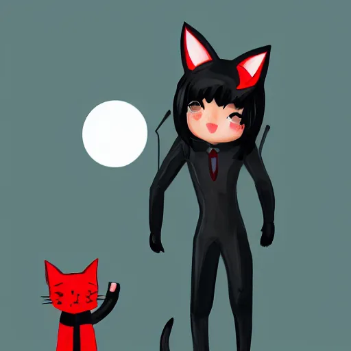 Image similar to little boy with cat ears in an black latex suit with red cape. digital artwork made by lois van baarle,