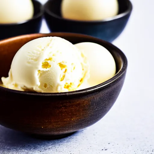 Prompt: closeup of a bowl with three balls of plain vanilla ice cream. Simplistic. Food photography.