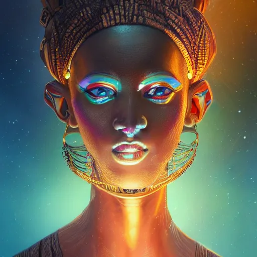 Image similar to highly detailed portrait of an african neon egyptian goddess, intricate alien technology, stephen bliss, unreal engine, fantasy art by greg rutkowski, loish, rhads, ferdinand knab, makoto shinkai and lois van baarle, ilya kuvshinov, rossdraws, tom bagshaw, global illumination, radiant light, detailed and intricate environment