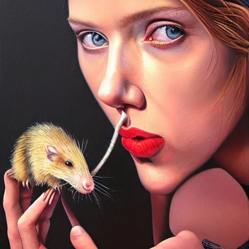 Prompt: a hyperrealistic painting of Scarlett Johansson eating a rat by Jason Edmiston,